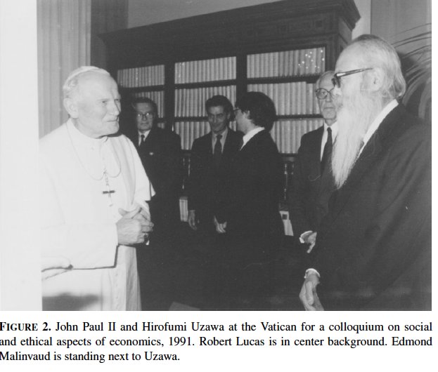 14/In late 1980s, Pope was working on new encyclical abt “the abuses of socialism & the illusions of capitalism” Question was how to transition from former to latter Uzawa saw opportunity to apply Solow meets Keynes meets Veblen, and offered advice. It became Rerum Novarum/end/