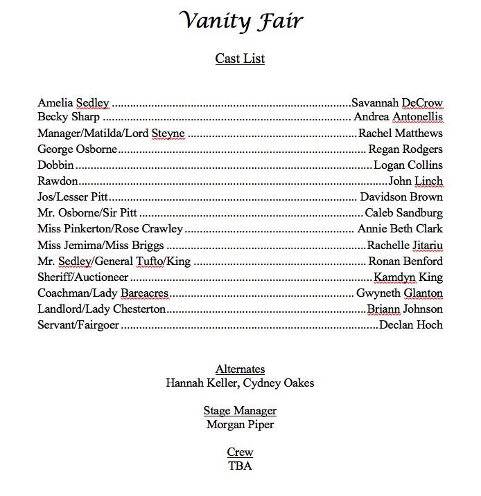 maraudertheatre's tweet photo. Here is this years OAP cast list for Kate Hamill’s “Vanity Fair”! Congrats to everyone involved, get ready for an amazing journey together!! https://t.co/L8NzxeMhhm