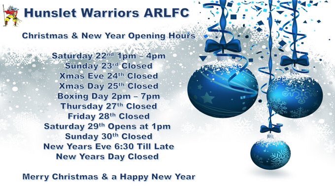 Hunslet ARLFC (@hunslet_arlfc) on Twitter photo Christmas and New Year Opening Hours.......
<a href="/ElliotMiller1/">Elliot Miller</a> <a href="/jonathanmille20/">joff miller</a> <a href="/jordanbaldy/">Jordan Baldwinson</a> <a href="/Damo09Dm/">damian mawson</a> <a href="/cbwarrior13/">caldon bravo</a> <a href="/SouthLeedsLife/">South Leeds Life</a> Christmas and New Year Opening Hours.......
<a href="/ElliotMiller1/">Elliot Miller</a> <a href="/jonathanmille20/">joff miller</a> <a href="/jordanbaldy/">Jordan Baldwinson</a> <a href="/Damo09Dm/">damian mawson</a> <a href="/cbwarrior13/">caldon bravo</a> <a href="/SouthLeedsLife/">South Leeds Life</a>