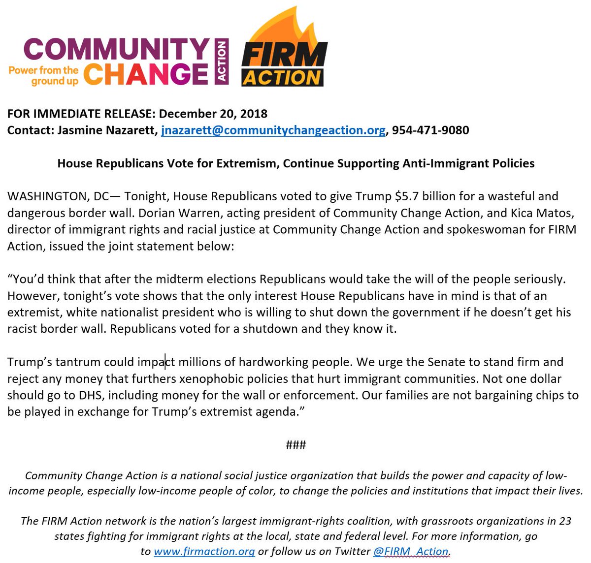 House Republicans voted to move Trump's extremist agenda forward. #Not1Dollar should go to <a href="/DHSgov/">Homeland Security</a>! 🙅🏽‍♀️Read what <a href="/CommChangeAct/">Community Change Action</a>'s <a href="/dorianwarren/">Dorian Warren</a> and @KicaMatos had to say 👇🏽👇🏽#TrumpShutdown