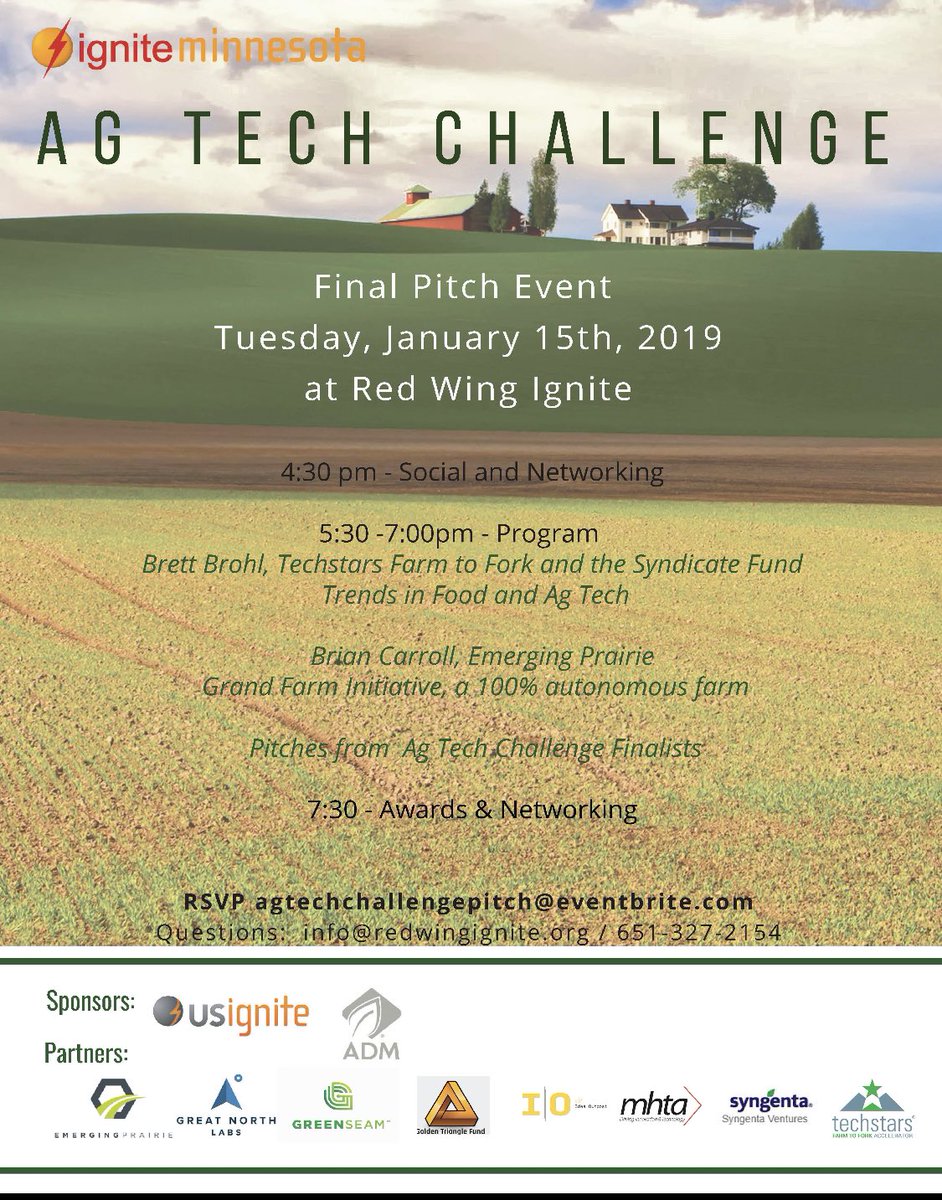 Ignite_MN's tweet image. @BrettBrohl and @emergingprairie looking forward to learning from you on the January 15th.  Thank you also to @greatnorthlabs @GreenSeam, @MHTA and others for your help with the challenge and advancing Ag Tech.   #InnovateMN #igniteMN