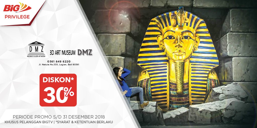 DMZ Bali akan membawa Bigmate ke tempat yang sangat mengejutkan dan membawa anda ke dunia yang penuh dengan kesenangan dan fun yang hanya didapat lewat seni ilusi 3D. dan Dapatkan diskon sebesar 30% khusus untuk Bigmate!

Untuk info lebih lanjut, Klik : bigtvhd.com/DMZBali