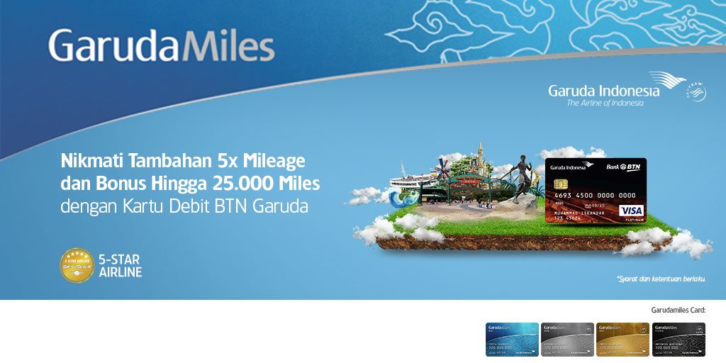 Gunakan kartu debit @BankBTNcoid Garuda dan nikmati tambahan 5x mileage serta bonus hingga 25.000 miles! Jangan lewatkan penawaran ini, hanya sampai 31 Desember 2018. Info: bit.ly/2EC1OuS
