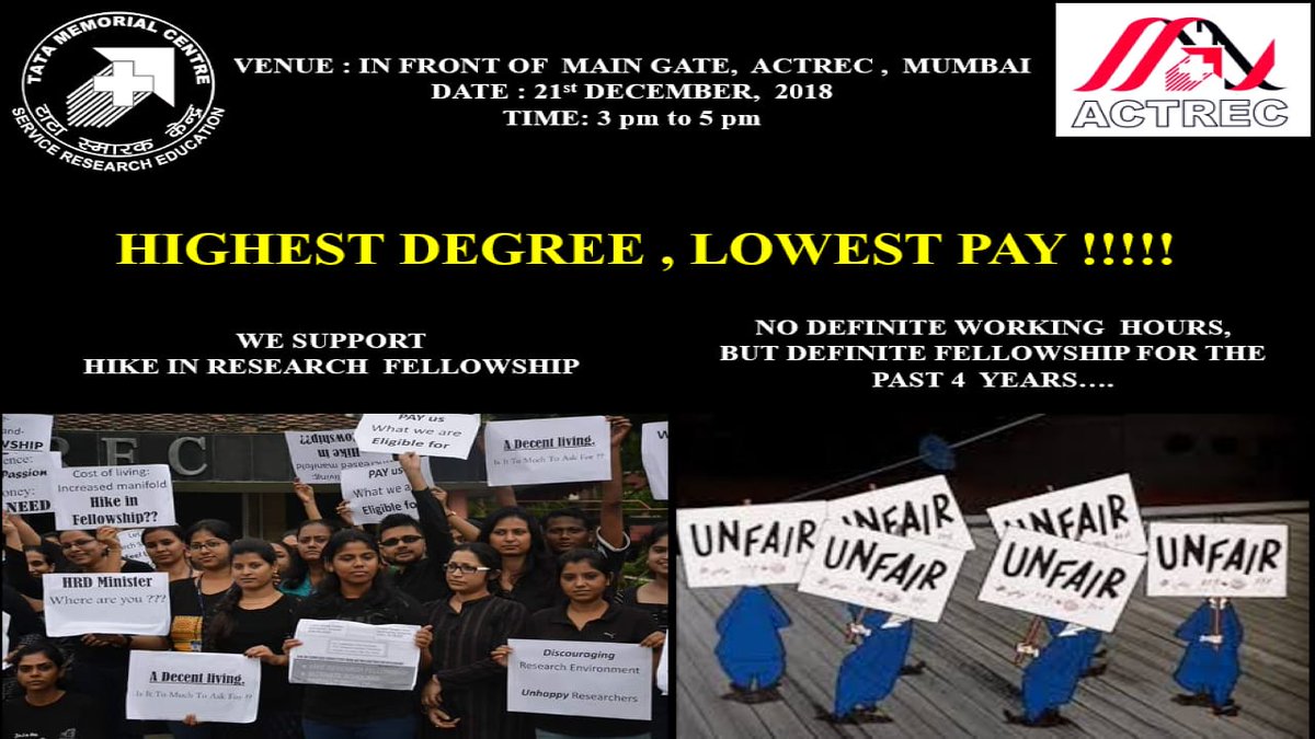 DiptiSh78406182's tweet photo. Protest for fellowship hike ACTREC, TMC, Navi Mumbai. 
STOP IGNORING RESEARCH!
SCIENCE MATTERS! 
 #HikeResearchFellowaship #HikeFellowship @DBTIndia @IndiaDST @CSIR_IND @Ashutos61 @kvijayraghavan @ugc_india @narendramodi @HRDMinistry @research https://t.co/pmj7wCMQkX