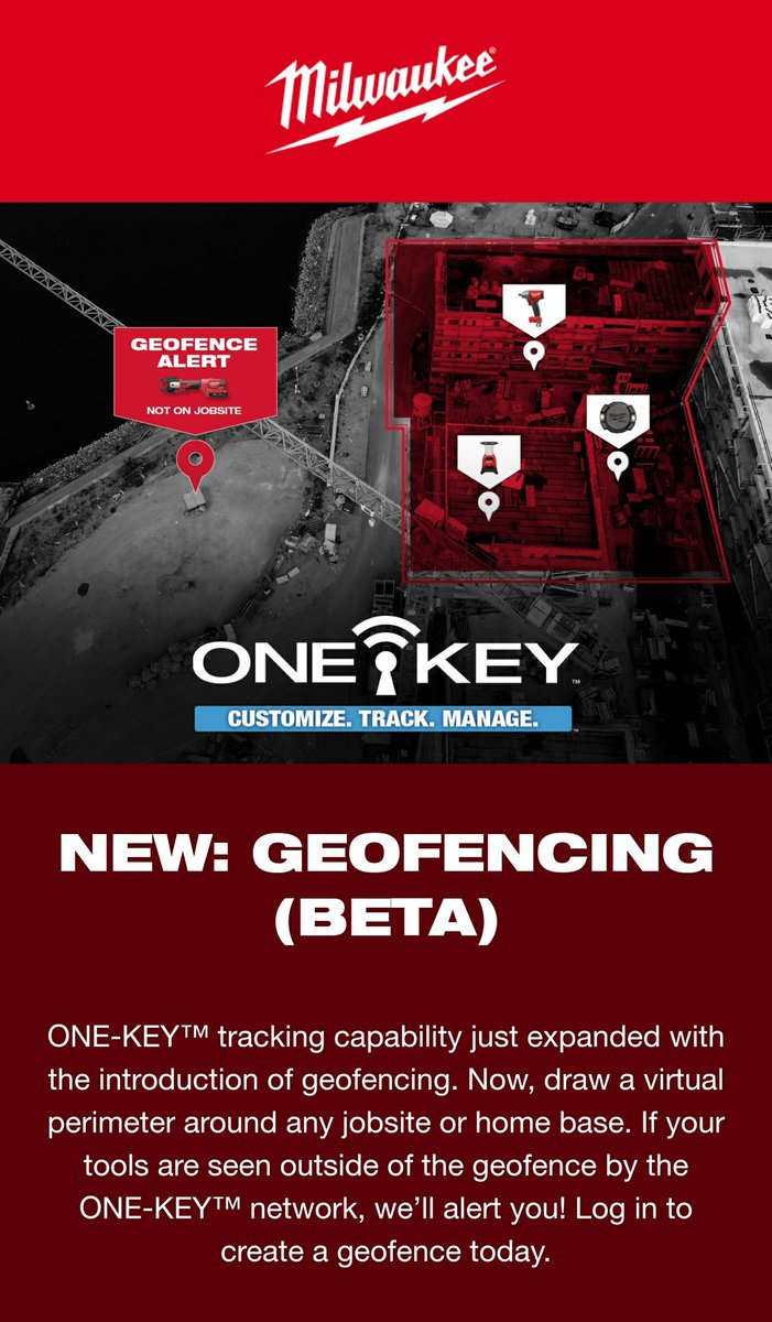 Have you heard about the #NewFeature for our #OneKey tools? Make sure to update our FREE One Key app and log in to create a #geofence today to get notified once your tools are leaving without your permission! #MilwaukeeTools