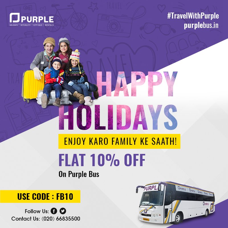 Enjoy the holiday season with your dear ones! 
Book with Purple and get FLAT 10% OFF. 
Use code : FB 10
Book now: bit.ly/2LpXUXH 
#PrasannaPurple #PurpleBus #HappyHolidays