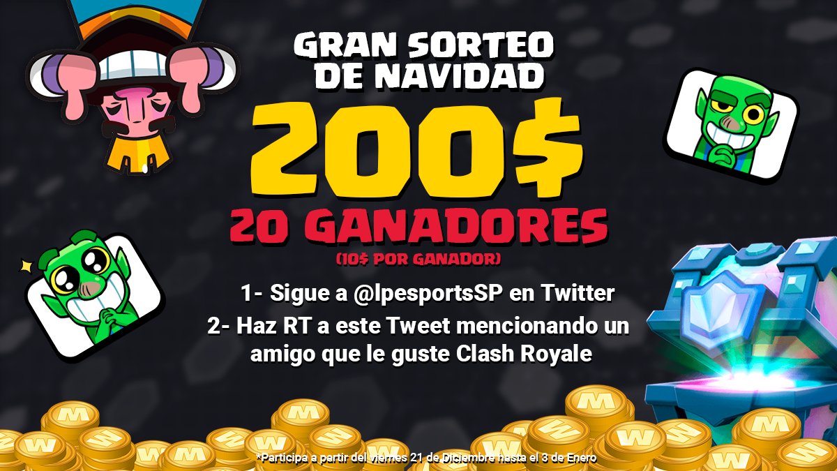 🥂🎅GRAN SORTEO DE NAVIDAD 200,00💲🎅🥂
20 Ganadores/10💲Cada uno  
Para participar :  
1⃣- Seguir en Twitter a <a href="/LPEsportsSP/">LPEsportsSP</a> 
2⃣- Hacer RT y mencionar a 1 amigo que le guste #ClashRoyale   
😍MUCHA SUERTE A TODOS😍
Bases del sorteo: pastebin.com/YVR2uE9c