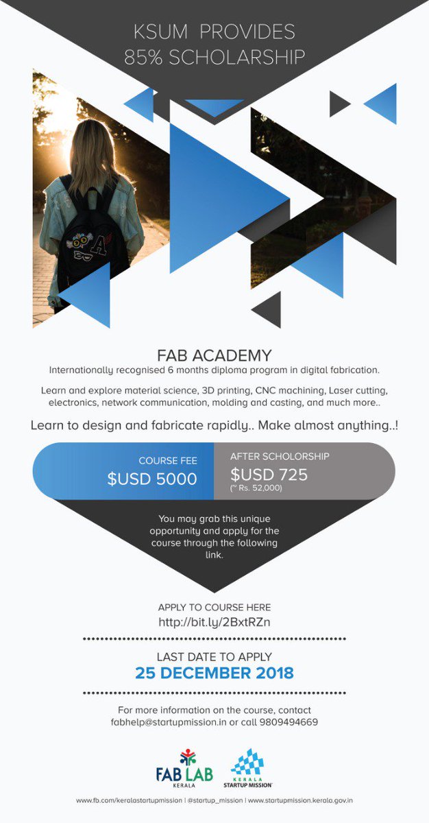 startup_mission's tweet photo. Fab Lab Kerala invites applications for the 6 months digital fabrication course by Fab Academy. Apply on or before 25 Dec'18: https://t.co/TS110SKLoz
#FabAcademy #FabLab #Kerala #FabLabKerala #DigitalFabrication #KSUM @fablab @FabLabKerala https://t.co/PTMaAmhMrf