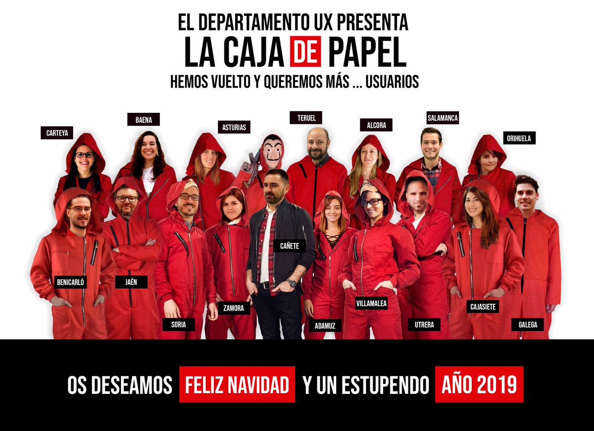 RSIUX_Design's tweet photo. Este año @RSI_Design nos metemos en la piel de @lacasadepapel, que como buena banda organizada no cometemos ninguna tarea si antes hacer una buen #research y testearlo con un buen prototipo. #FelicesFiestas de parte de todo el equipo #RSIUX 💰👺 #GrupoCajaRural @moviliza_RSI 💰👺 https://t.co/mpqb6mL1pw