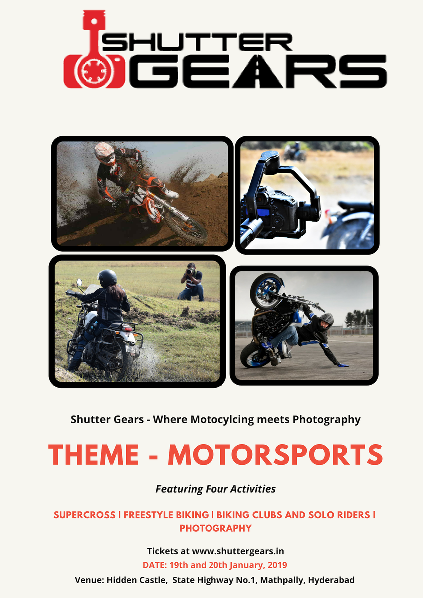 shuttergears's tweet photo. We welcome @PD_Official as Jury for #Photography Competition at #ShutterGears2019.
We invite all photography enthusiasts to showcase their skills and enjoy theme-based photography at #ShutterGears.
#Photography, #Supercross, #freestylebiking,#MotorsportSports https://t.co/iBTE7u5PWH