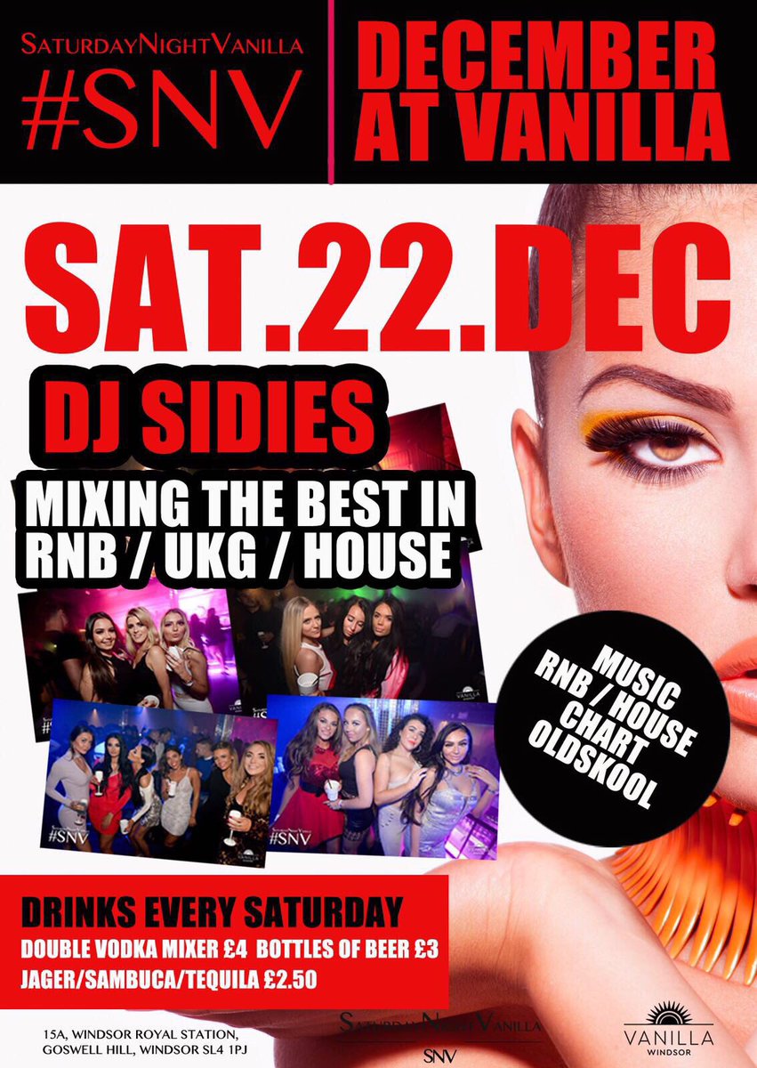We can't wait for <a href="/djsidies/">DJ Sidies</a> to play LIVE <a href="/VanillaWindsor_/">Vanilla Windsor</a> this Saturday. 
Free entry before 11 on g-list £4 double vodka mixer 🌟💫