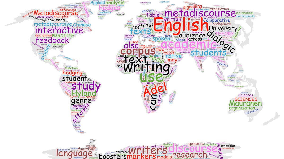 erdemakbas_dr's tweet photo. This is the word cloud of the special issue on #Metadiscourse Variations across Academic Genres: Rhetorical Preferences in Textual and Interpersonal Markers..
#corpuslinguistics #linguistics #discourseanalysis #genreanalysis #MAG2017 #MAG2019 https://t.co/3jgkoX987J