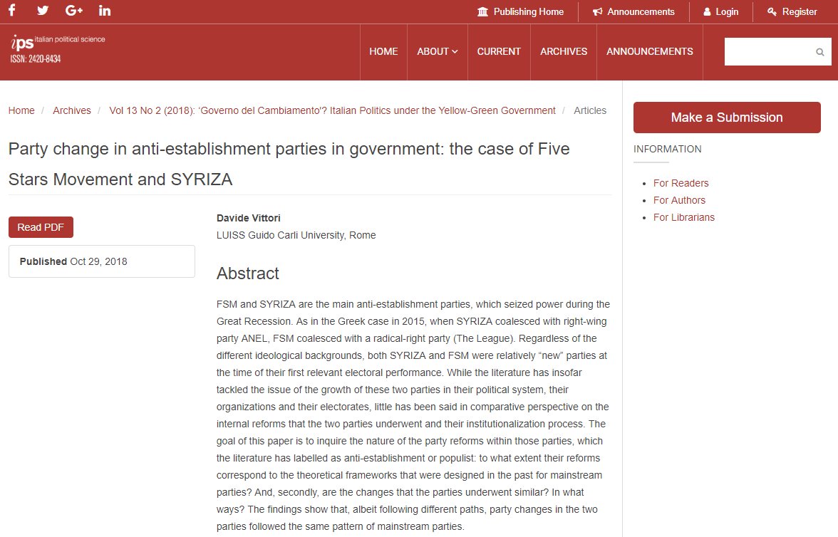 andrea_piter's tweet photo. NEW IPS ARTICLE‼️@DaveVitto about organizational evolution of anti-establishment @Mov5Stelle in its route to power. A compelling comparison with @syriza_gr. SI @italianpolsci "#GovernoDelCambiamento?ItalianPolitics under Yellow-GreenGovt" #SISP2018 #polsci
https://t.co/8lDQGOZuNm https://t.co/uuYQR8lZLV