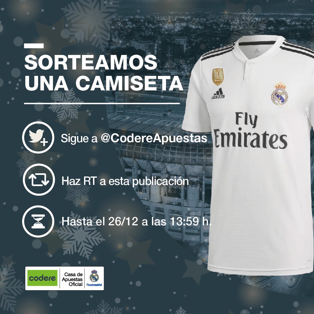 realmadrid's tweet photo. 👕👑 ¡Un regalo de REYES! Participa y GANA una camiseta oficial de @realmadrid siguiendo estos pasos:

➡ Sigue a @CodereApuestas
➡ Haz RT

¡Y vístete de BLANCO esta Navidad! 🎄 https://t.co/0MXnLfhNMl