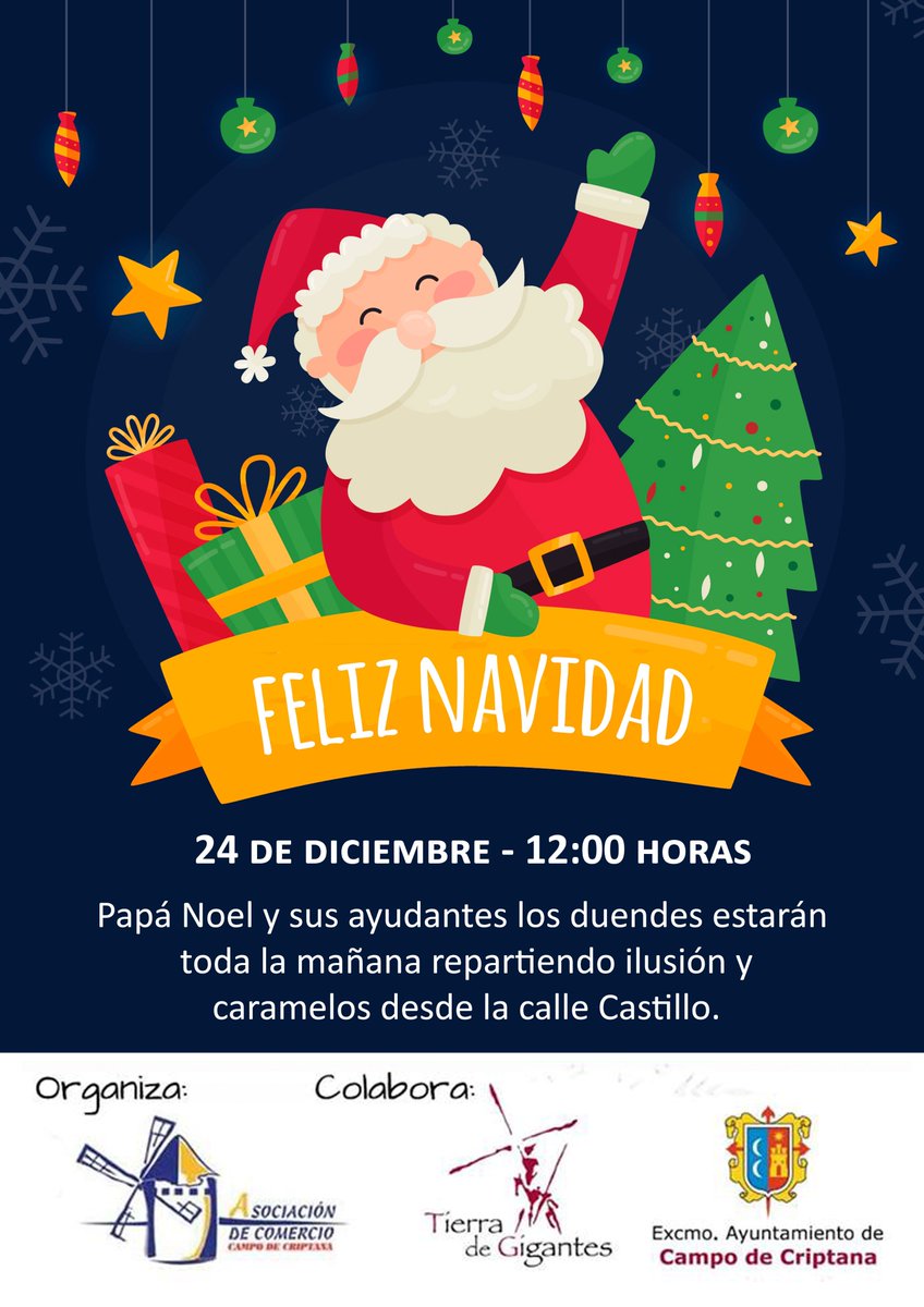 ComprasCriptana's tweet photo. 🎅🏼🎄🎅🏼#PapáNoel y sus ayudantes los duendes estarán
en #CampoDeCriptana el próximo lunes 24 de diciembre repartiendo ilusión y caramelos desde la calle Castillo. 🎁🛍¡Ven con tus peques y disfruta de la magia de la #Navidad 🎄de la mano del #ComerciodeCriptana! https://t.co/381O3lbJx9