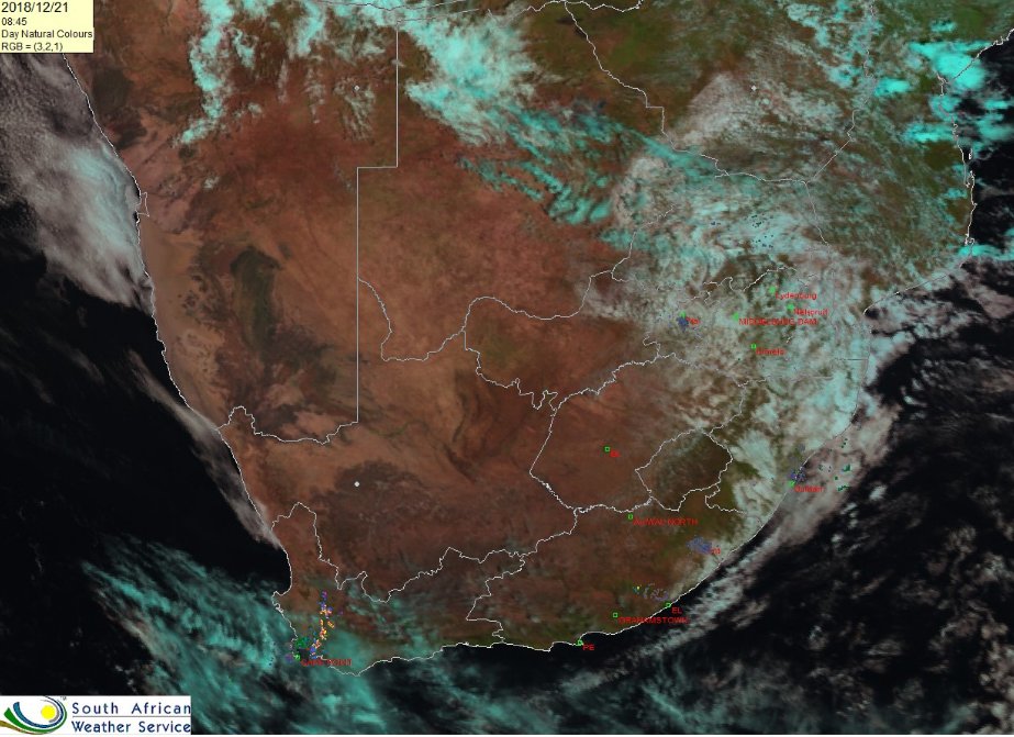 SAWeatherServic's tweet photo. Your morning satellite image (21 December 2018). Cloudy conditions this morning in the north-east clearing later with isolated to scattered thunderstorms expected to develop in the north-eastern and eastern parts this afternoon and evening. Be safe and have a good day. https://t.co/xTngobIHFK