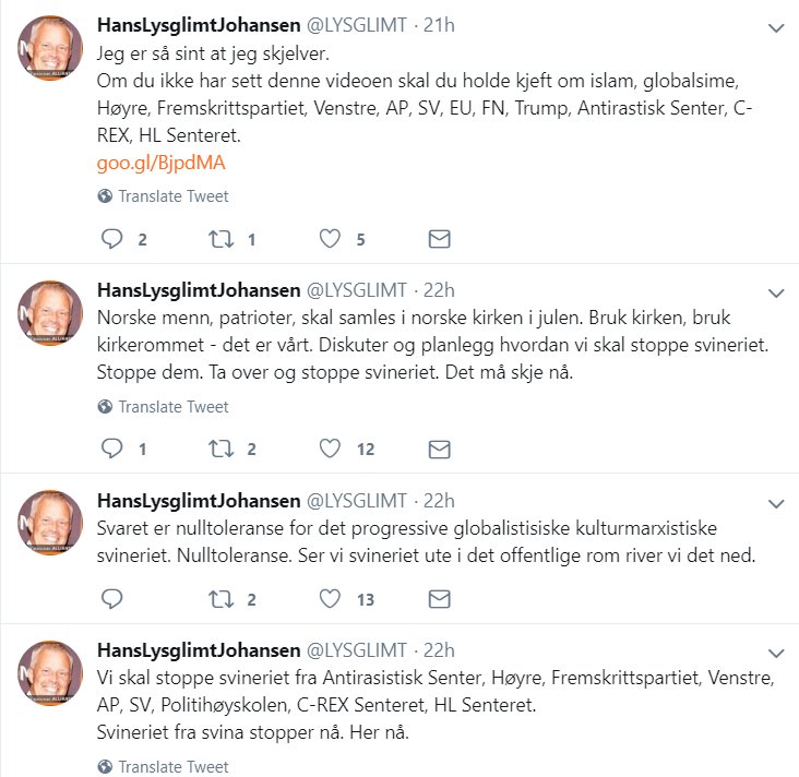 Oysteib's tweet image. Dette kreket er farleg. Dette kan koma til å kosta liv.
Han er ikkje morsom, han er ikkje ironisk. Det er ikkje "lættis" å småkrangla med han på Twitter. Han er ute etter blod, og han har tilhengjarar. 
Ver varsam.