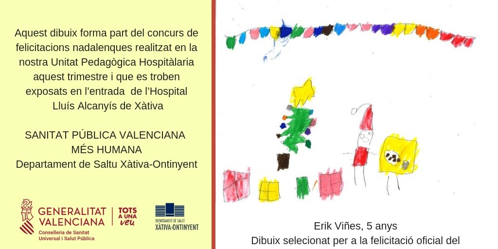 GVAdsxo's tweet photo. Xiquetes i xiquets de la Unitat Pedagògica Hospitalària de l'Hospital Lluís Alcanyís de #Xàtiva han dibuixat el #Nadal2018 L'expressió artística contribueix també a fer una estada a l'hospital més suportable a una sanitat pública valenciana #méshumana @GVAsanitat https://t.co/P3jXRWpxBC