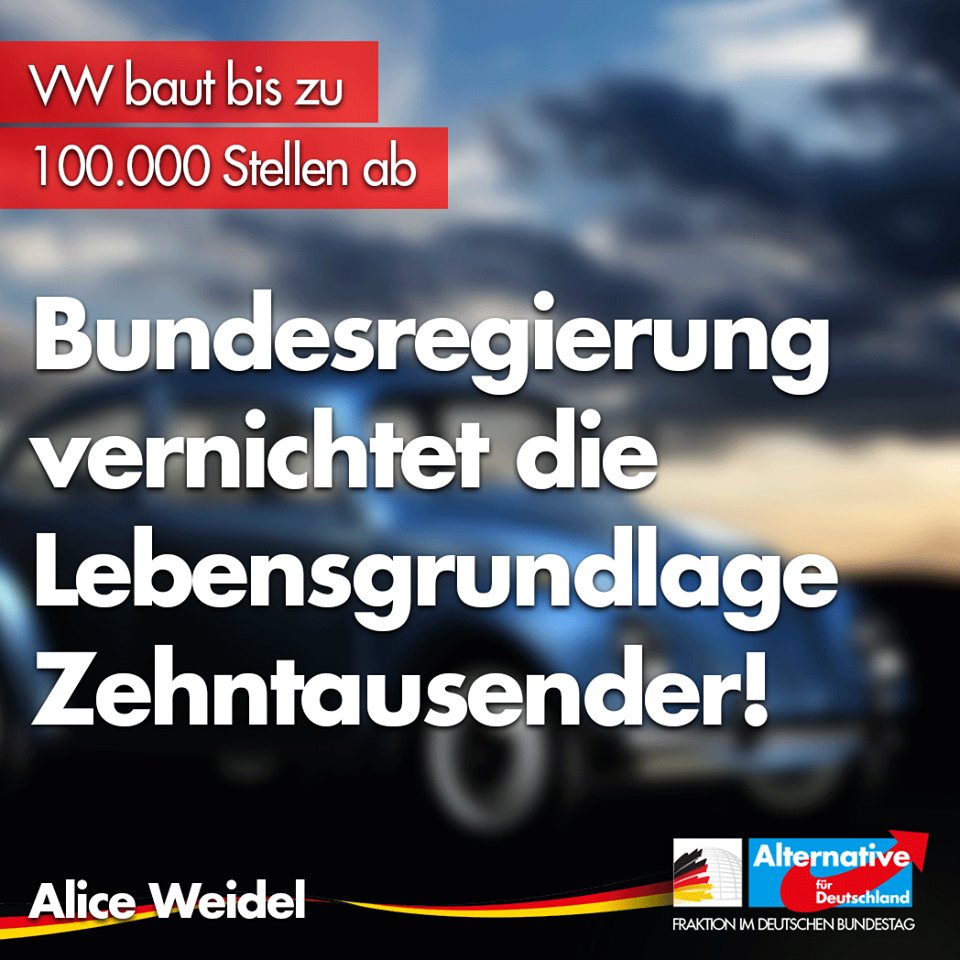 Alice_Weidel's tweet photo. +++ Kurz vor #Weihnachten: VW gibt massiven Stellenabbau bekannt! +++
Die deutsche Politik vernichtet mit ihrer ideologischen Wahnsinnspolitik nicht nur den Wirtschaftsstandort Deutschland, sondern beraubt zehntausende Menschen ihres Einkommens.
#AfD
➡️ https://t.co/gbxb3TRv7c https://t.co/w3g9I507YO