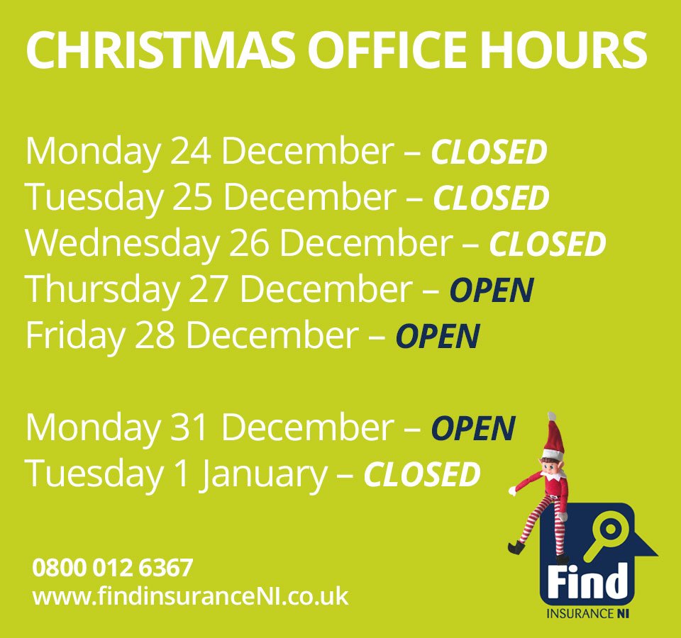 FindInsuranceNI's tweet image. May we wish all our customers a very #MerryChristmas and a peaceful #NewYear  from all our staff.  Our office opening hours over the holiday period  are below. @BelfastHourNI @Foylerescue @Legenderryhour @NIBusinessHour  #insurance