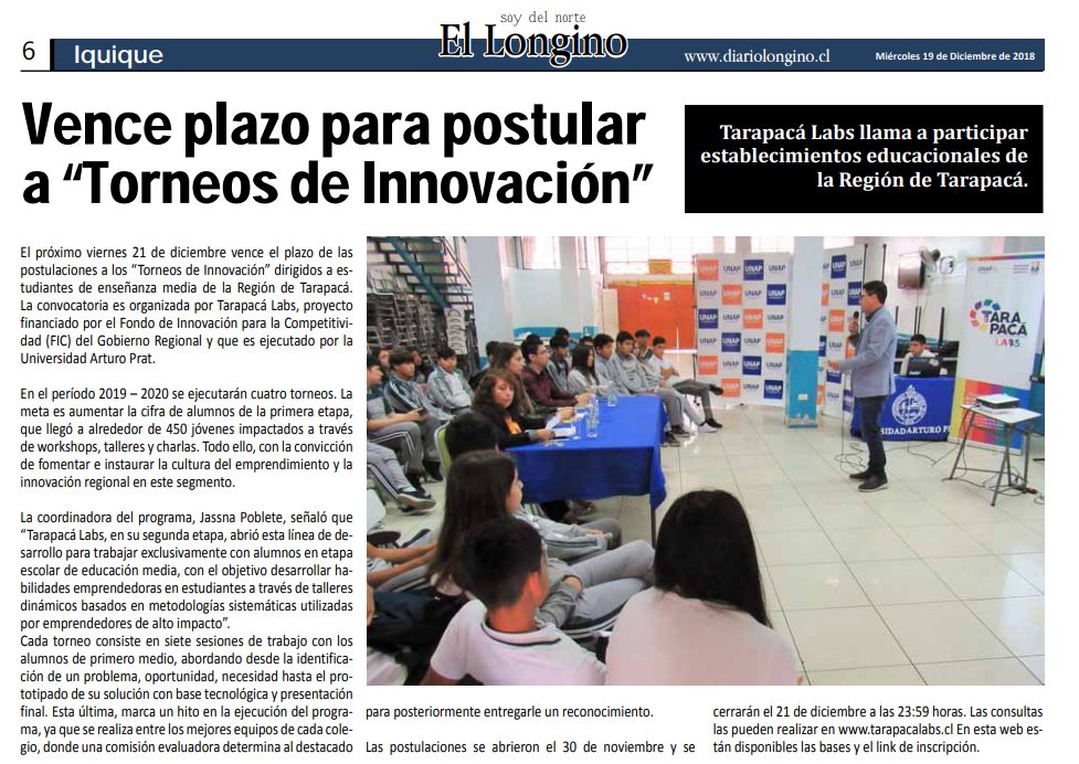 TarapacaLabs's tweet photo. 📢Atención. Hoy, 21 de diciembre, vence plazo para postular a "Torneos de Innovación" de Tarapacá Labs. Informa @ElLongino #Iquique. Más antecedentes en https://t.co/hhdzObwRAt  #TLabsEmprende https://t.co/TJVJy4lA9H https://t.co/PaZQt74P0X