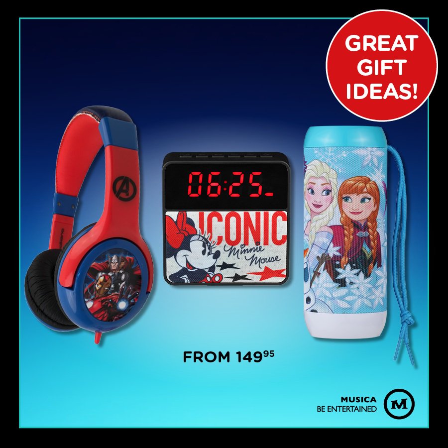 Bring your little one's favourite characters to life with a Mini Mouse Alarm Clock Radio (R349.95), Avengers Kiddies' Headphones (R149.95) or a Frozen Fabric Speaker (R399.95).