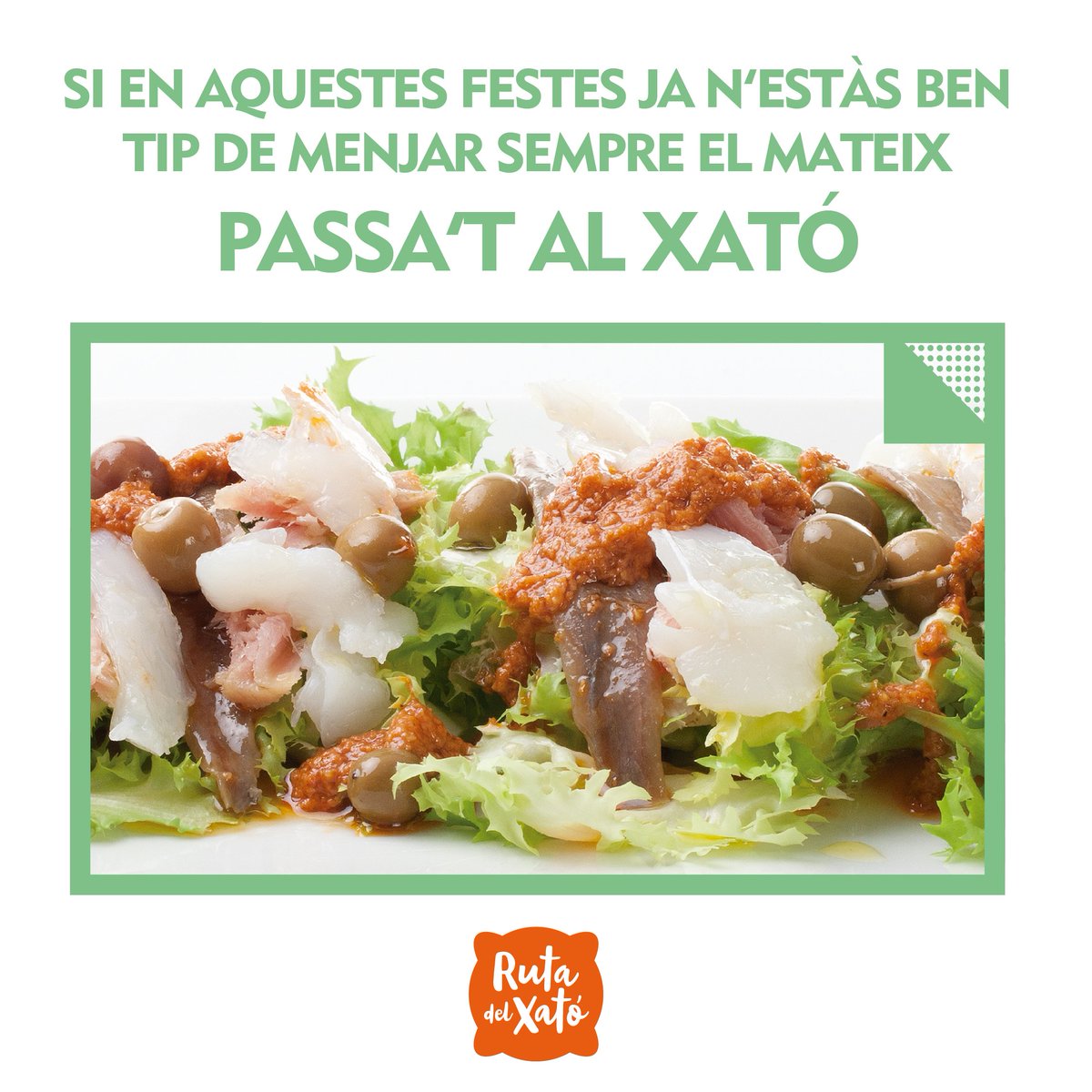 RutadelXato's tweet photo. Sí en aquestes Festes n'estàs ben tip de menjar sempre el mateix,
et recomanem un bon plat de #Xató
Pots menjar-ne tant com vulguis és molt saludable; escarola cruixent, bacallà i tonyina, anxova, banyat amb una salsa exquisida 
No t'ho pensis més en aquestes Festes #PASSATALXATÓ https://t.co/E413mXHpd6