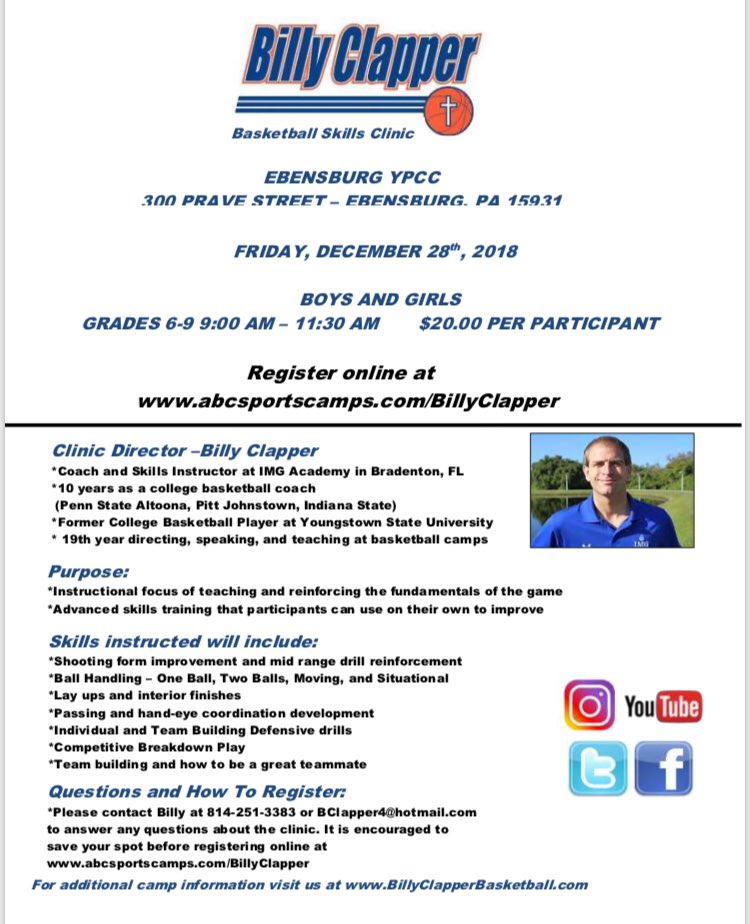 BillyClapperBCB's tweet photo. Register today for #basketball clinic in Ebensburg, PA! One week away! #BillyClapperBasketball https://t.co/DoLdhi7Bkg