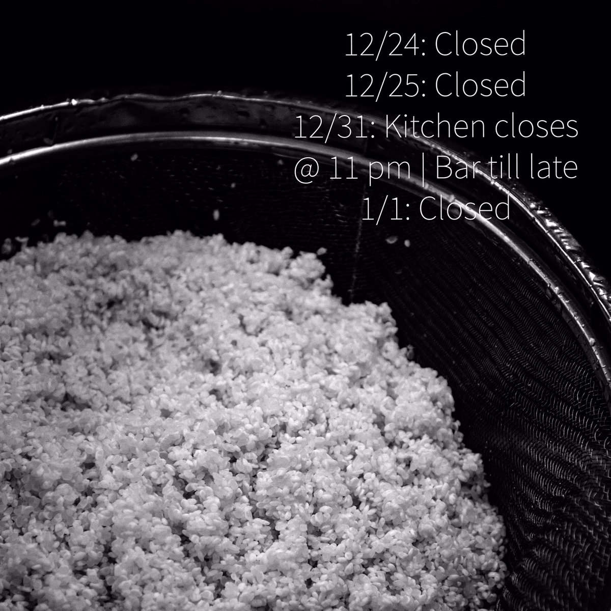 RoninSushi's tweet photo. We hope everyone is having a great holiday season. Our hours are as listed. #roninsushi https://t.co/BGO4NfSg25