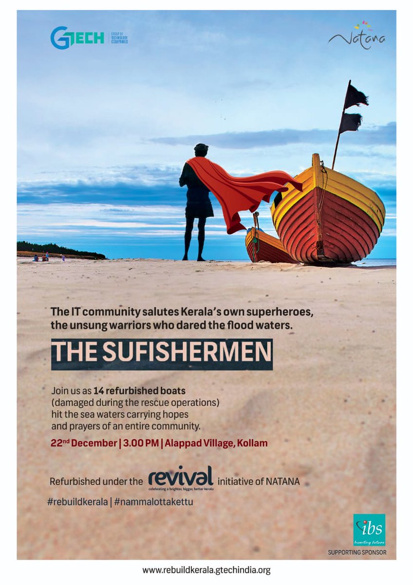 GTechIndiaOrg's tweet image. The IT community salutes the heroes! The Sufishermen. Join us, as we flag off fourteen refurbished boats which were damaged during the flood rescue operations, helping the community at Alappad GRAMA Panchayathu get back on track. #GTech #Natana #Revival