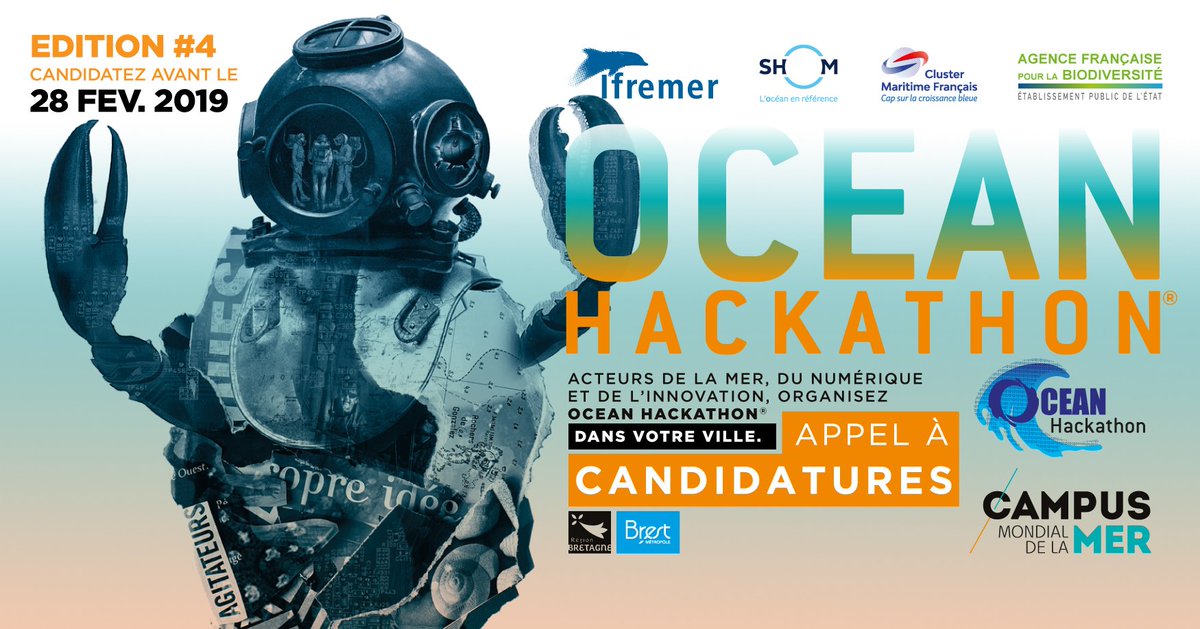 CampusMer's tweet photo. ACTEURS DE LA MER🌊, DU NUMERIQUE🔢 ET DE L'INNOVATION✨, ORGANISEZ OCEAN HACKATHON® DANS VOTRE VILLE.
Le Campus lance son appel à candidatures pour déployer Ocean Hackathon® dans plusieurs villes de France en octobre 2019.
📆 Date limite : 28/02/2019
🔗 https://t.co/ooH8XboK9O https://t.co/T9kRGwDxWp
