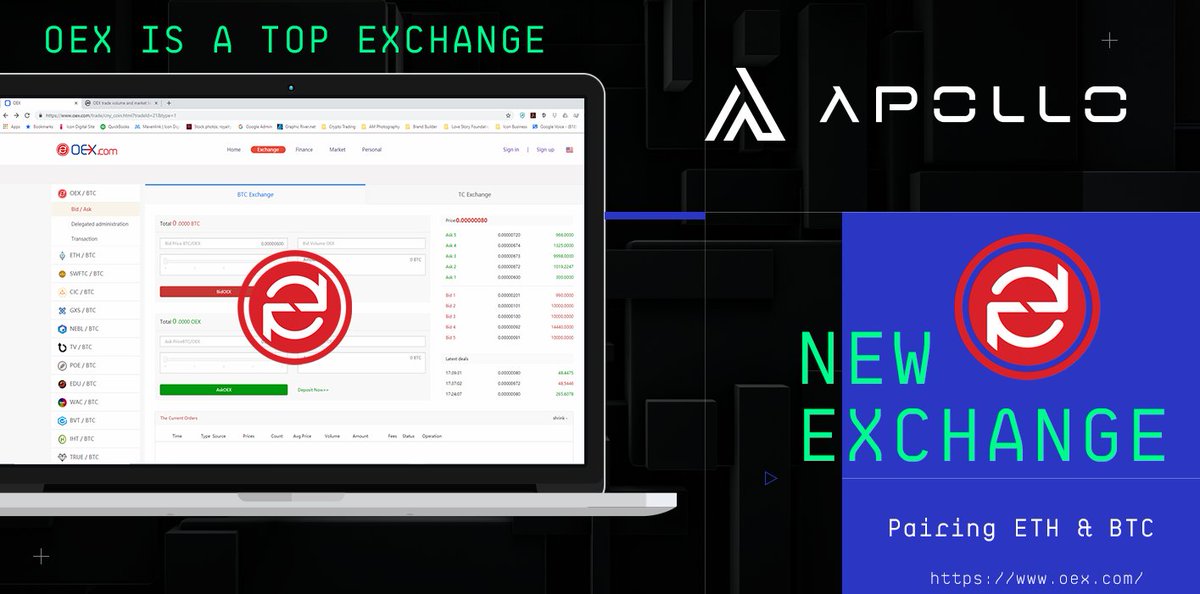 ApolloCurrency's tweet image. ***New Exchange Listing***  

BTC and ETH Pairings - We are happy to announce we will be listed on OEX Exchange @oexcom, this will make it easier for new investors to become #apollonauts!  oex.com  

#apl #crypto #coin #currency #apollocurrency