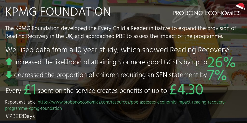 Pro Bono Economics (@probonoecon) on Twitter photo Day 9 of #PBE12Days and time to champion our report for <a href="/KPMGFoundation/">KPMG Foundation UK</a> , on the benefits of #ReadingRecovery. This study quantifies the potential economic benefits of the programme to UK society as between £940 million and £1.2 billion. Day 9 of #PBE12Days and time to champion our report for <a href="/KPMGFoundation/">KPMG Foundation UK</a> , on the benefits of #ReadingRecovery. This study quantifies the potential economic benefits of the programme to UK society as between £940 million and £1.2 billion.