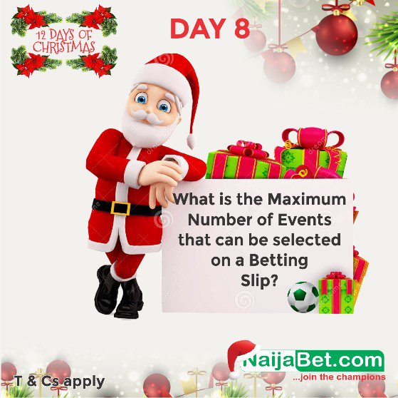 Day 8: #12DaysofNaijaBetsantaGiveaway

TO PARTICIPATE:
-    Sign Up On NaijaBet
-    Follow/Like <a href="/NaijaBet/">NaijaBet.com</a> on Facebook
-    Answer the Questions Correctly and Get 1k Free Bet Credit in Your Naijabet Account.

👉 facebook.com/NaijaBet/photo…

#12DaysofNaijaBetsantaGiveaway #NaijaBet