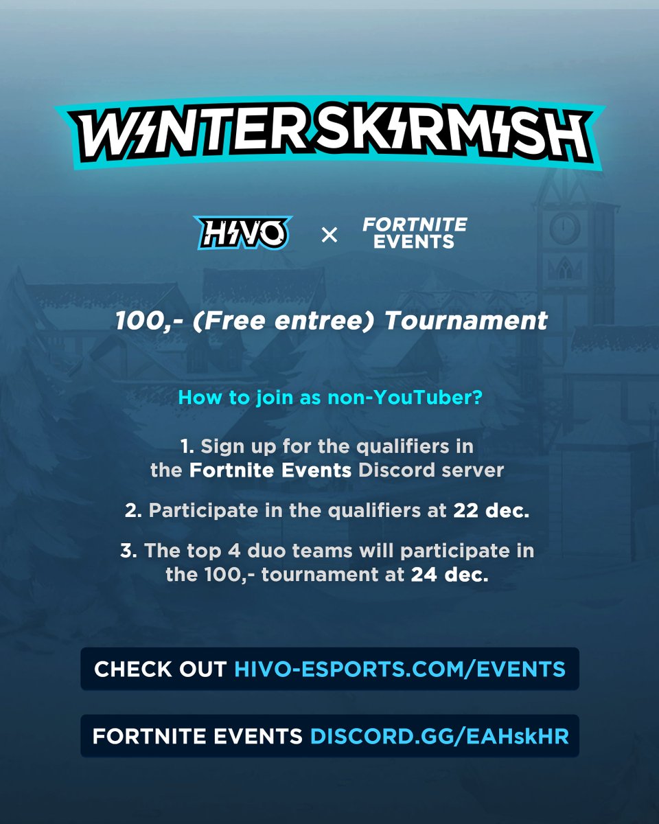 HiVoClan's tweet photo. 🎊FREE 🎊  Entree 100,- euro Winter Skirmish! 

Join the Fortnite Events Discord server and sign up for the tournament in the channel "#💣ToernooiInschrijven" in the Fortnite Events server

Fortnite Events: https://t.co/vMfHs3EoSr 

Good luck 😉

#HighVoltage #Free #Fortnite https://t.co/4LxkCi2Vy3