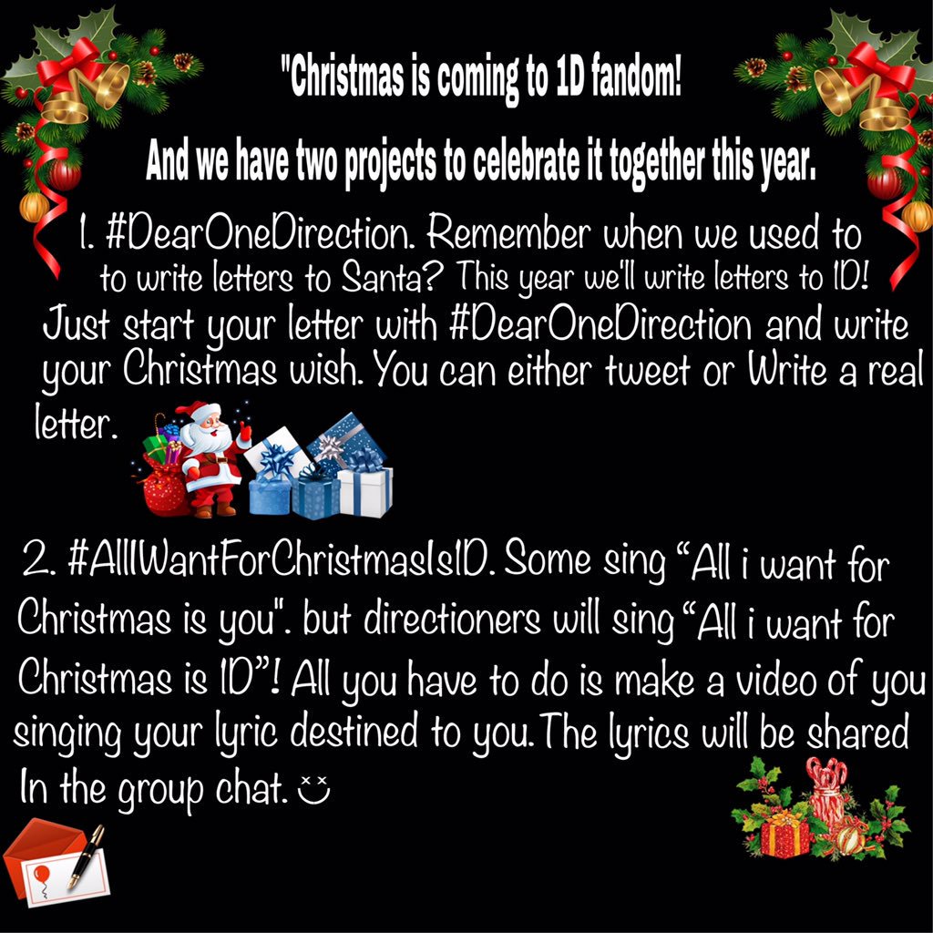 1DNot1DPromoTe1's tweet photo. #1DChristmas is coming to town soon!

🎄#DearOneDirection will start on 24th and it will end in the last second of 25th.

🎄The video for All I Want For Christmas Is 1D will be posted on 25th. 

⛄Everyone can participate! RT to spread and make this Christmas an unforgettable one https://t.co/WM96oF6Zsm