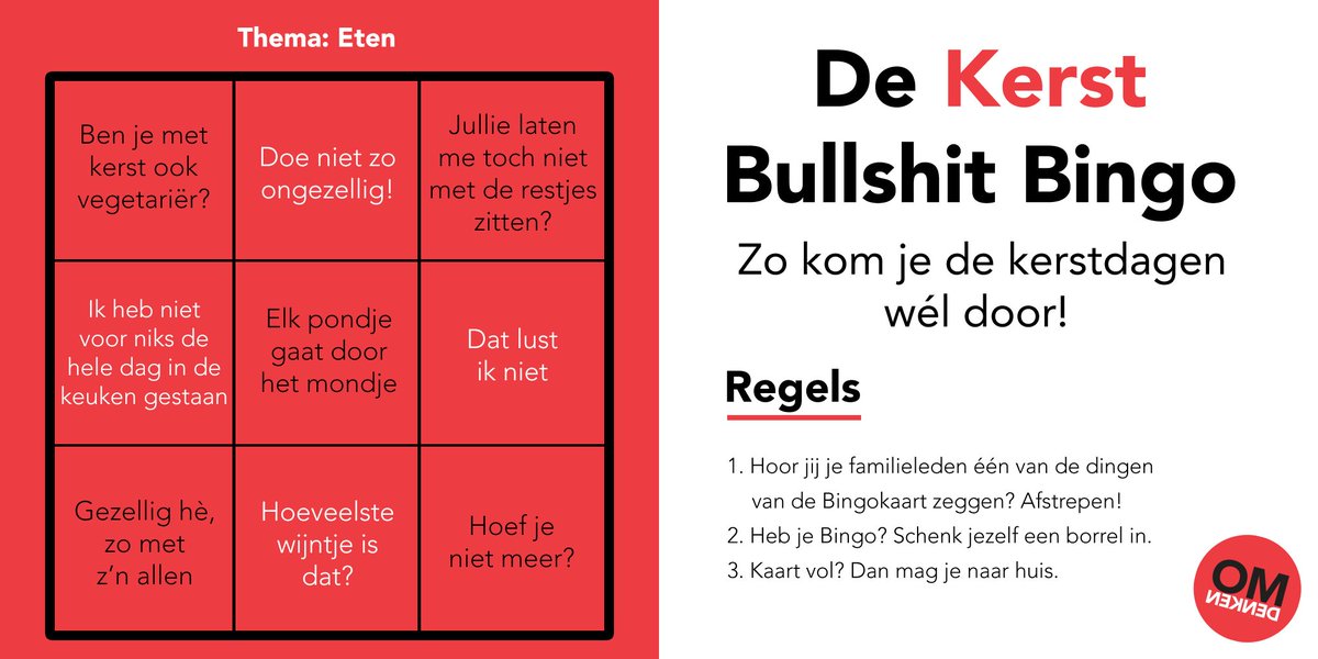 Omdenken's tweet photo. Dank jullie wel voor alle geweldige suggesties voor onze Kerst Bullshit Bingo! We konden echt niet kiezen, dus hebben we er drie gemaakt: een algemene, eentje over familie en eentje over eten. Zie ook https://t.co/a20dfJOtVA voor de downloadbare PDF versies. Zet 'm op hè?! https://t.co/EO4t25aXMj