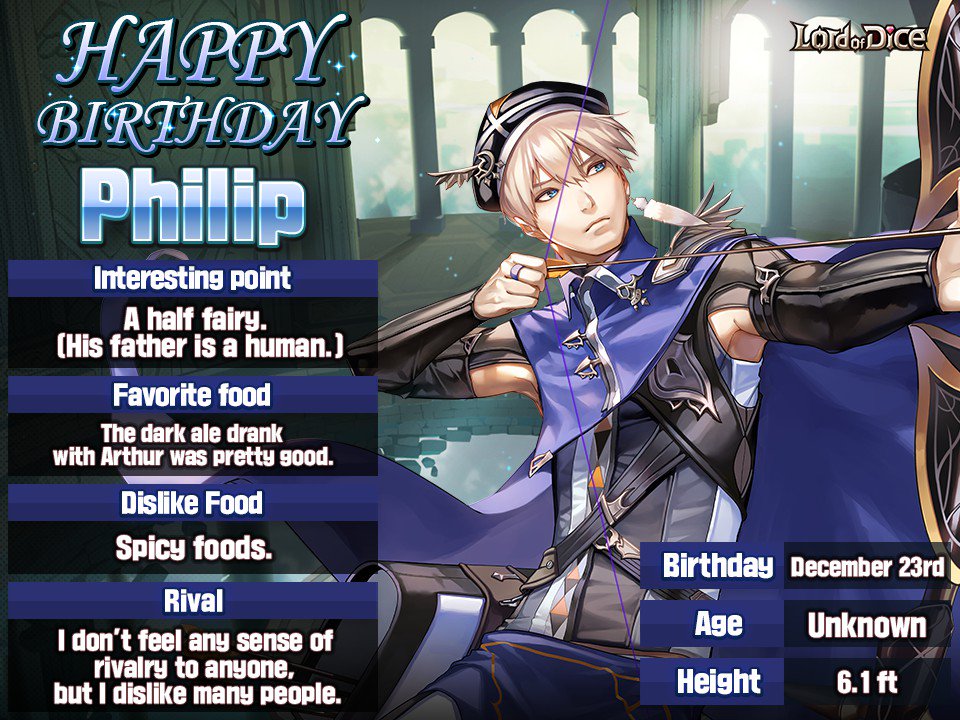 <🎉 Happy Birthday, Philip! 🎂>

December 23rd is the Breaker's handsome and cynical Archer, #Philip's b-day. 
Happy Birthday, Philip!! 😆

🎲 Download Lord of Dice: go.onelink.me/HEOy/5fecb83c

#LordofDiceUS #LOD_US #theBreaker #Profile #Birthday #Most_popular_master #Masterskill 👍