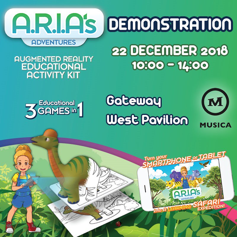 With animated animal fact cards, first person jungle adventure gamer mode and 3D colouring pages, learning and imagination is brought to life through A.R.I.A's Adventures. Experience the future of educational gaming at a series of demonstrations this December. See you there!