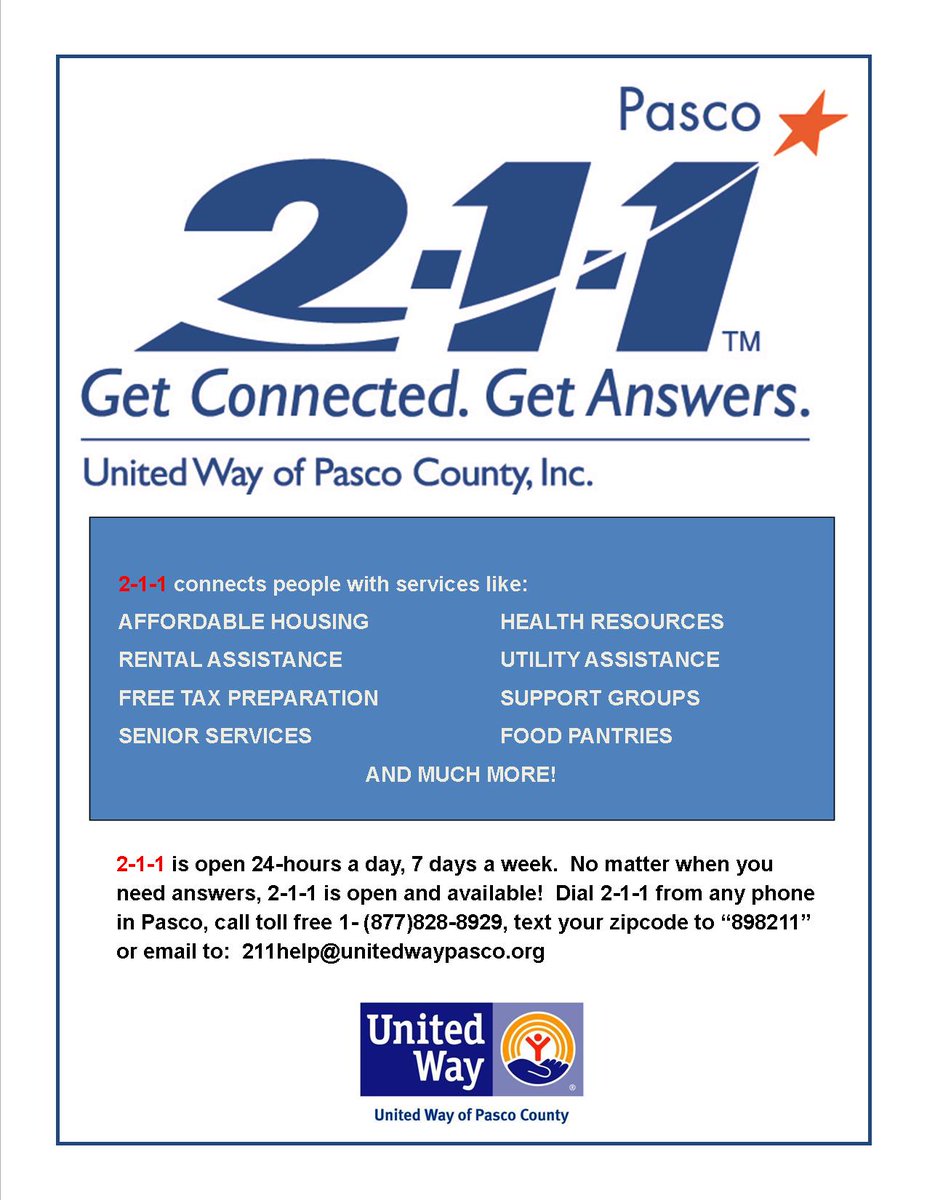 UnitedWayPasco's tweet image. Stay connected to resources and services in Pasco County when you call 2-1-1.  #liveunited #211help #community #resources #programs #shelter #seniors #children #holiday