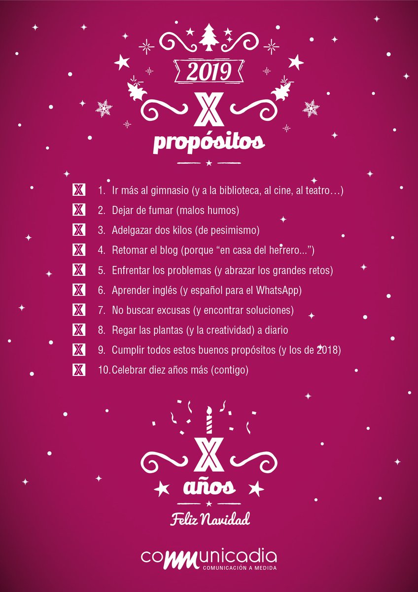 Communicadia's tweet photo. Os deseamos un Año Nuevo repleto de buenos propósitos cumplidos. 
En Communicadia ya hemos escrito nuestro decálogo de grandes intenciones. Con la ilusión que aporta celebrar en 2019 nuestro décimo cumpleaños, lo haremos realidad 😊
¡Feliz Navidad y próspero 2019! https://t.co/LbzYBhOV18