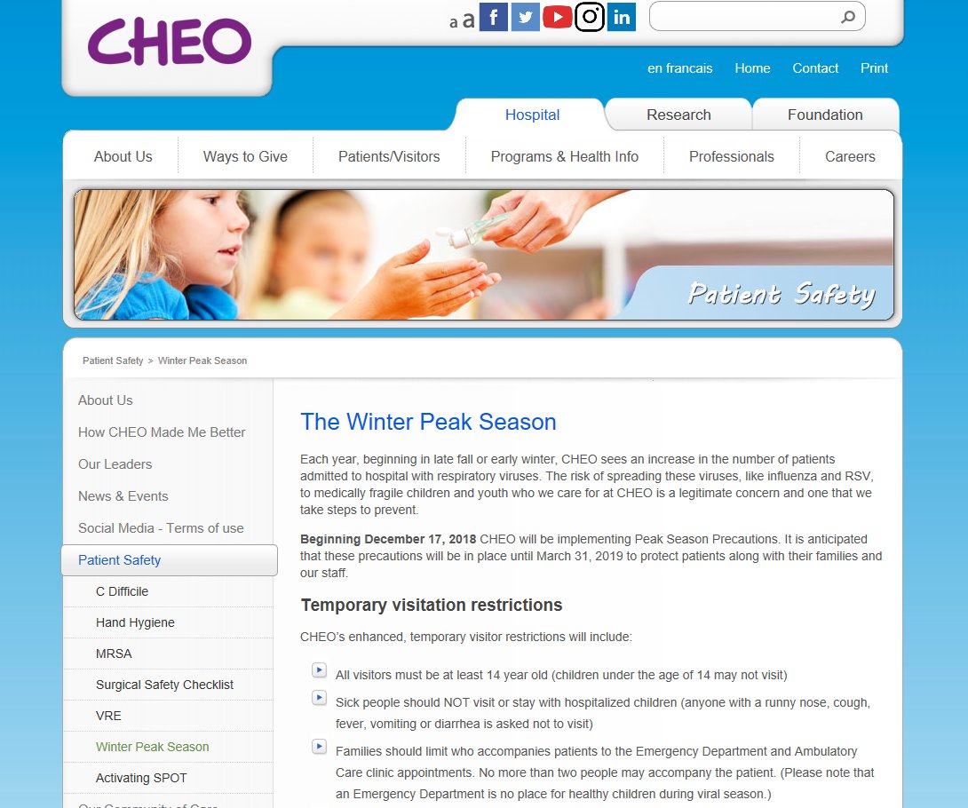 DYK peak season precautions are currently in effect at #CHEO? The risk of spreading respiratory #viruses like the #flu to medically fragile kids and youth in our care is a big concern. We take every step to prevent it by putting #SafetyFirst: bit.ly/2AAOQZJ #FightTheFlu
