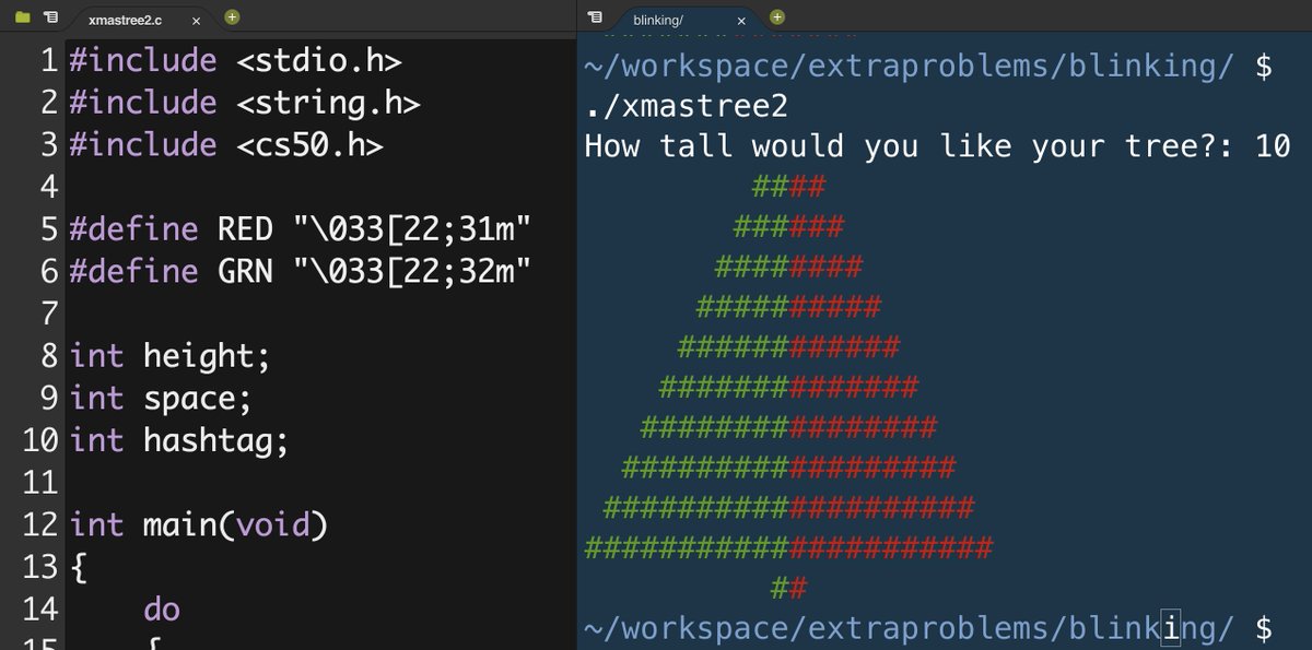 KTFournier's tweet image. AP CSP students having a little holiday fun with their C programming. Taking an old @CS50 problem set and adjusting to make holiday trees. Credit goes to students Colin T. and Sierra S. for being the first to figure this one out #createwithcode