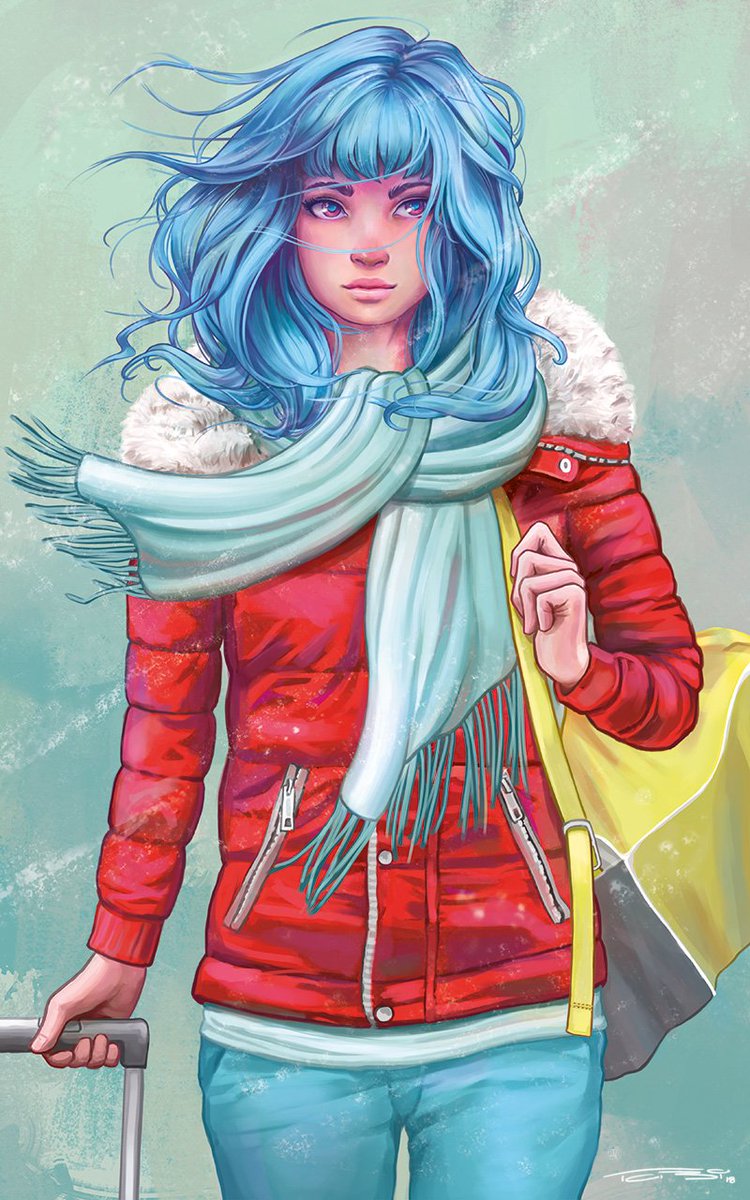 tobiarts's tweet photo. Season's greetings and happy holidays to all of you. I did this illustration of a travelling girl for my private christmas greeting card. 
#HappyHolidays #SeasonsGreetings #froheweihnachten https://t.co/UxYJ8E9VPT