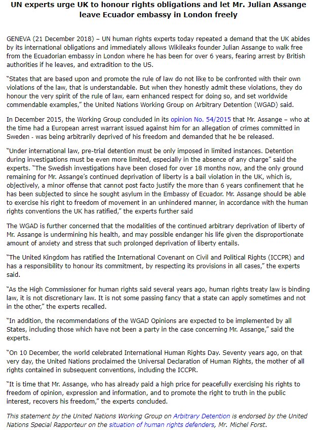 markcurtis30's tweet image. UN issues major statement demanding UK govt allow Assange to leave embassy &amp;amp; not face extradition to US. Theresa May now has a choice: uphold UN/international law or acquiesce in Trump’s persecution and false charges. Which UK MPs will now support the UN? shar.es/aak75p