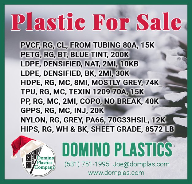 Domplas's tweet image. Plastic for Sale at Domino Plastics Company PVCF, PETG, LDPE, HDPE, TPU, PP, GPPS, Nylon, HIPS. Let us know the materials you need.
domplas.com | Joe@domplas.com | (631) 751-1995
#recycledplastic #materials #rawplastic #regrind #manufacturing