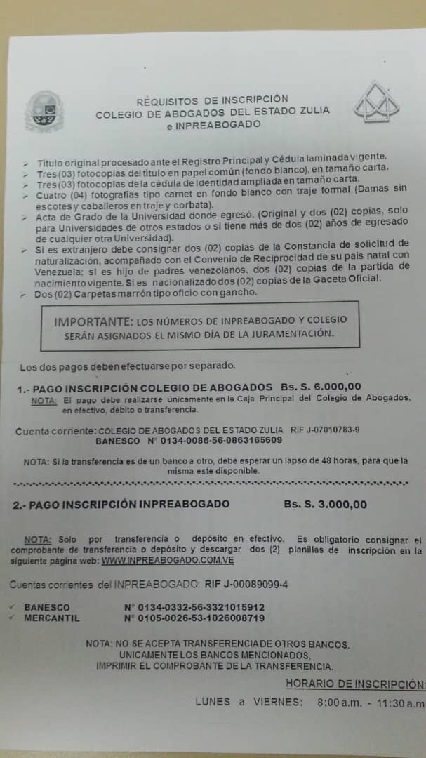 caezulia's tweet image. Se le informa a nuestros agremiados, que a partir del 1 de enero de 2019, el costo de inscripción será de Bs.S. 10.000,00. Ingrese en la opciones de inscripciones de nuestra página: abogadoszulia.org.ve/?page_id=2