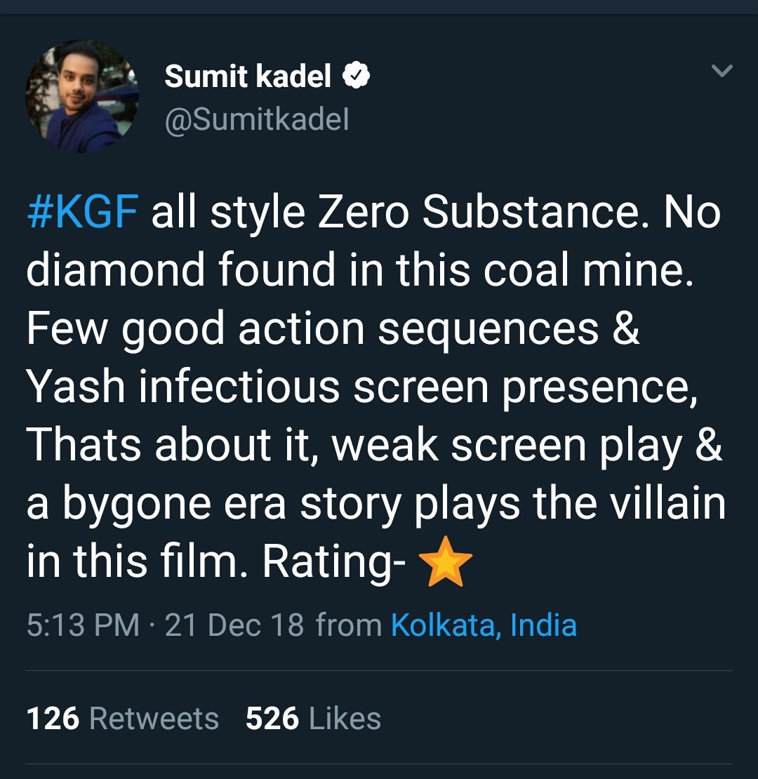 kalaapriya's tweet photo. @SumitkadeI U confirmed it again dat you r a true hater of #KGF. Below images r enough 2 prove dat u r degrading the film by giving poor #KGFREVIEW & u also had done dat frm d day trailer released.
@TwitterIndia shuld ban ur accnt. FAKE critic wit @premiumbusiness symbol. #KGF is #MONSTER_HIT😎🤘✊ https://t.co/C7LbDcW218