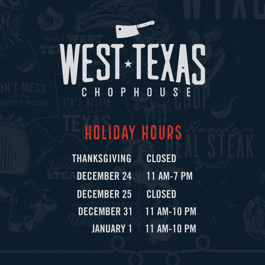 Thinking about celebrating the holidays with us? Don’t miss our holiday hours! ❤️ #westtexaschophouse #steakhouse #steak #holiday #holidayhours #elpasofoodie #bar #signaturedrinks #eptx #supportlocalelpaso #itsallgoodep