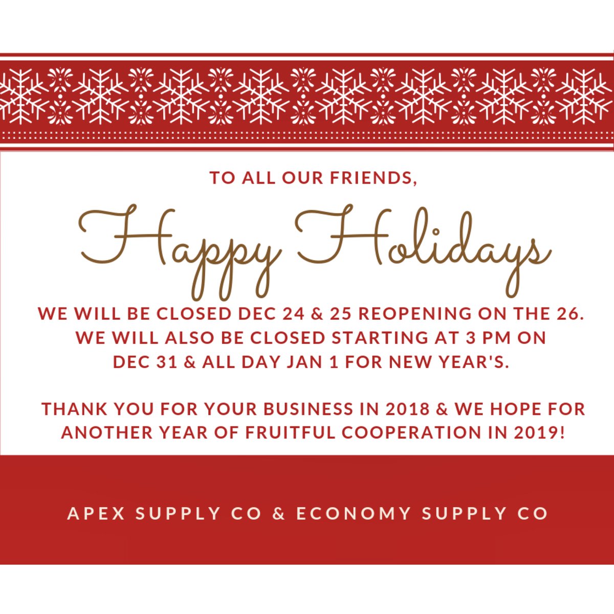 We're thankful for your business in 2018 & hope for another year of fruitful cooperation in 2019 #EconomySupplyCo #ApexSupplyCo #FtWorthTexas #RoundRockTexas #WacoTexas #AustinTexas #AustinInteriorDesign #OakCliffTexas #DallasDesignDistrict #DallasInteriorDesign #DallasPlumbers